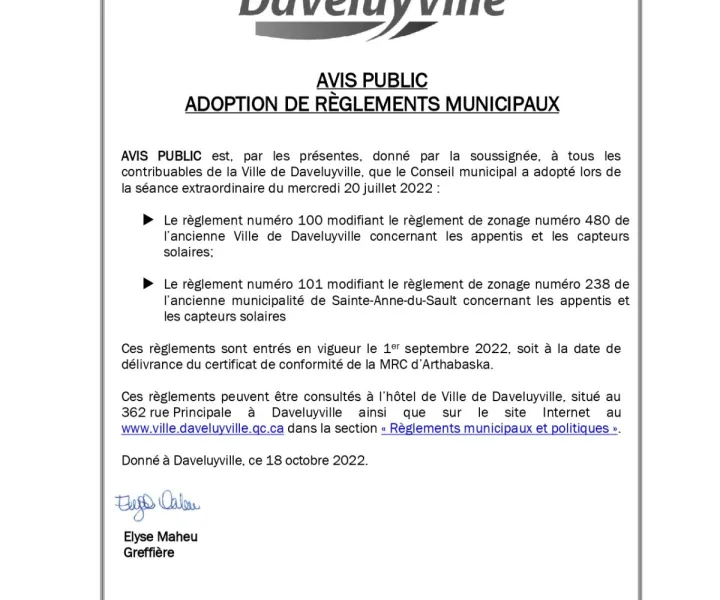 Avis public - Adoption des règlements 100 et 101