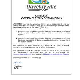 Avis public - Adoption des règlements 100 et 101