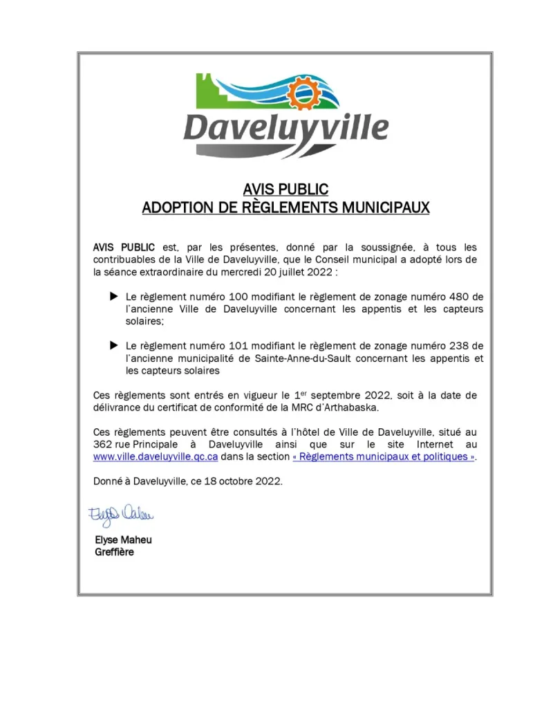 Avis public - Adoption des règlements 100 et 101 Avis public - Adoption des règlements 100 et 101